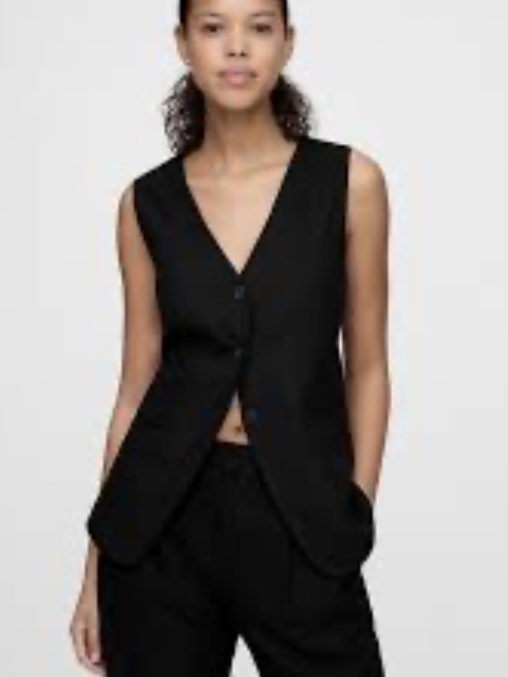 Gap Longline V-Neck Linen Blend Button Front Vest True Black Women Size Large